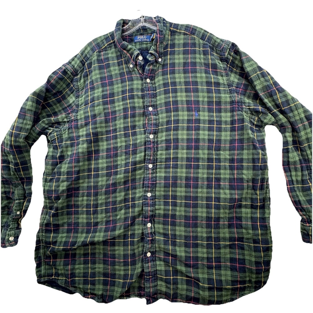 Polo Ralph Lauren Men's 2XB Big 2XL Heavy Green Laid Flannel Button Up Shirt